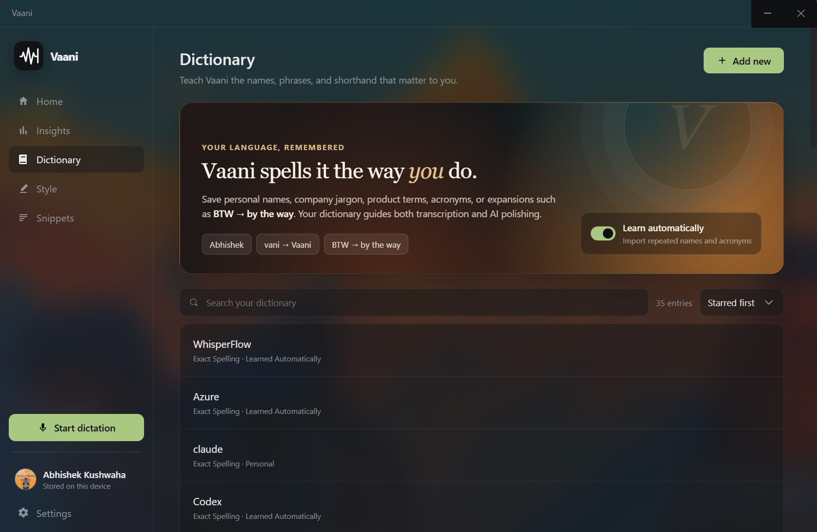 Vaani Dictionary screen for saving exact spellings and automatically learning repeated terms