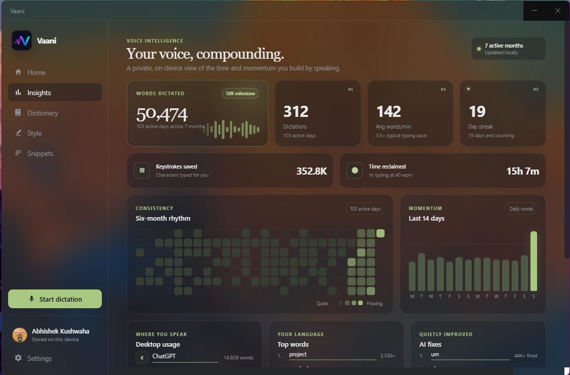 Vaani Insights dashboard showing local dictation totals, time saved, consistency, and recent voice activity