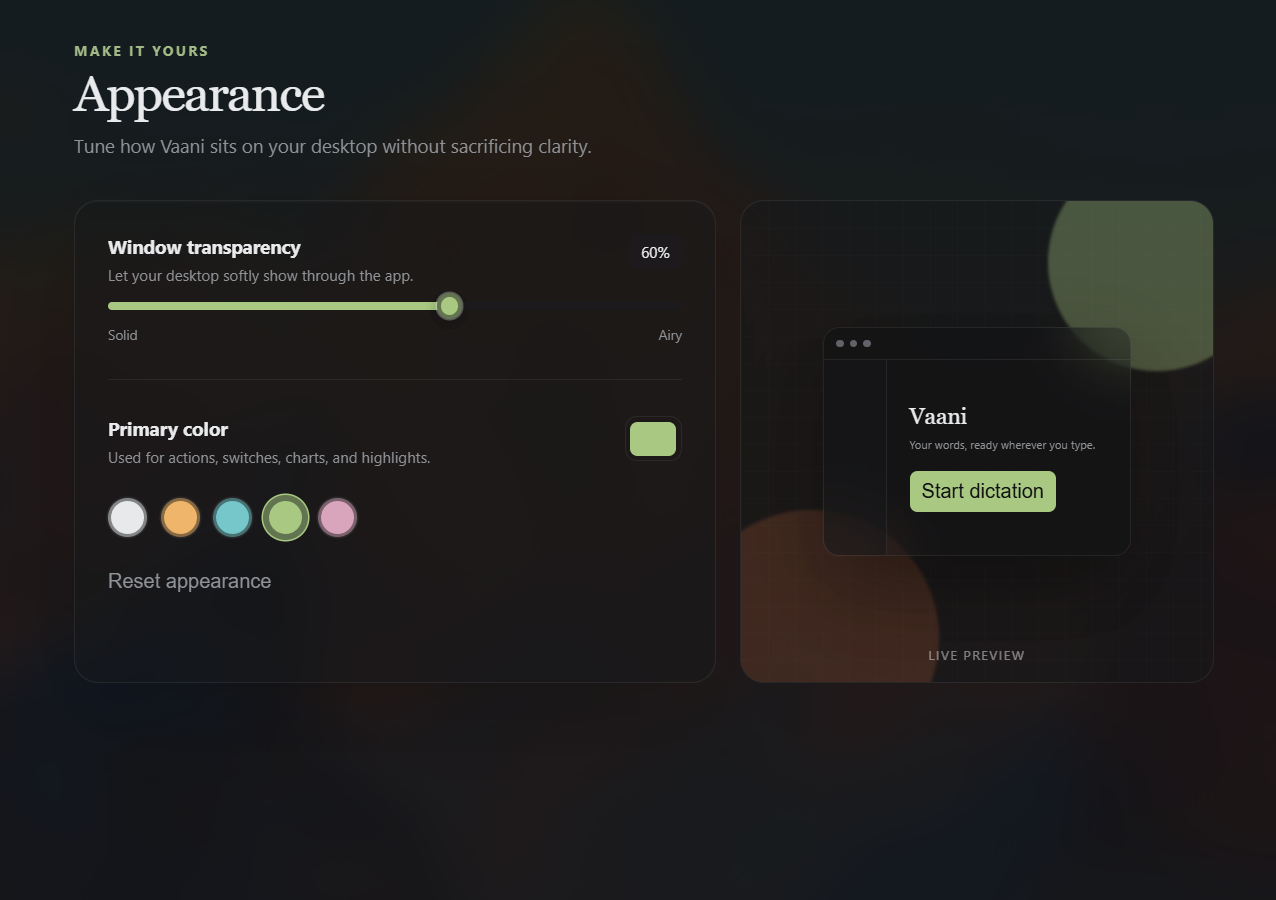Vaani Appearance settings for window transparency and primary interface color