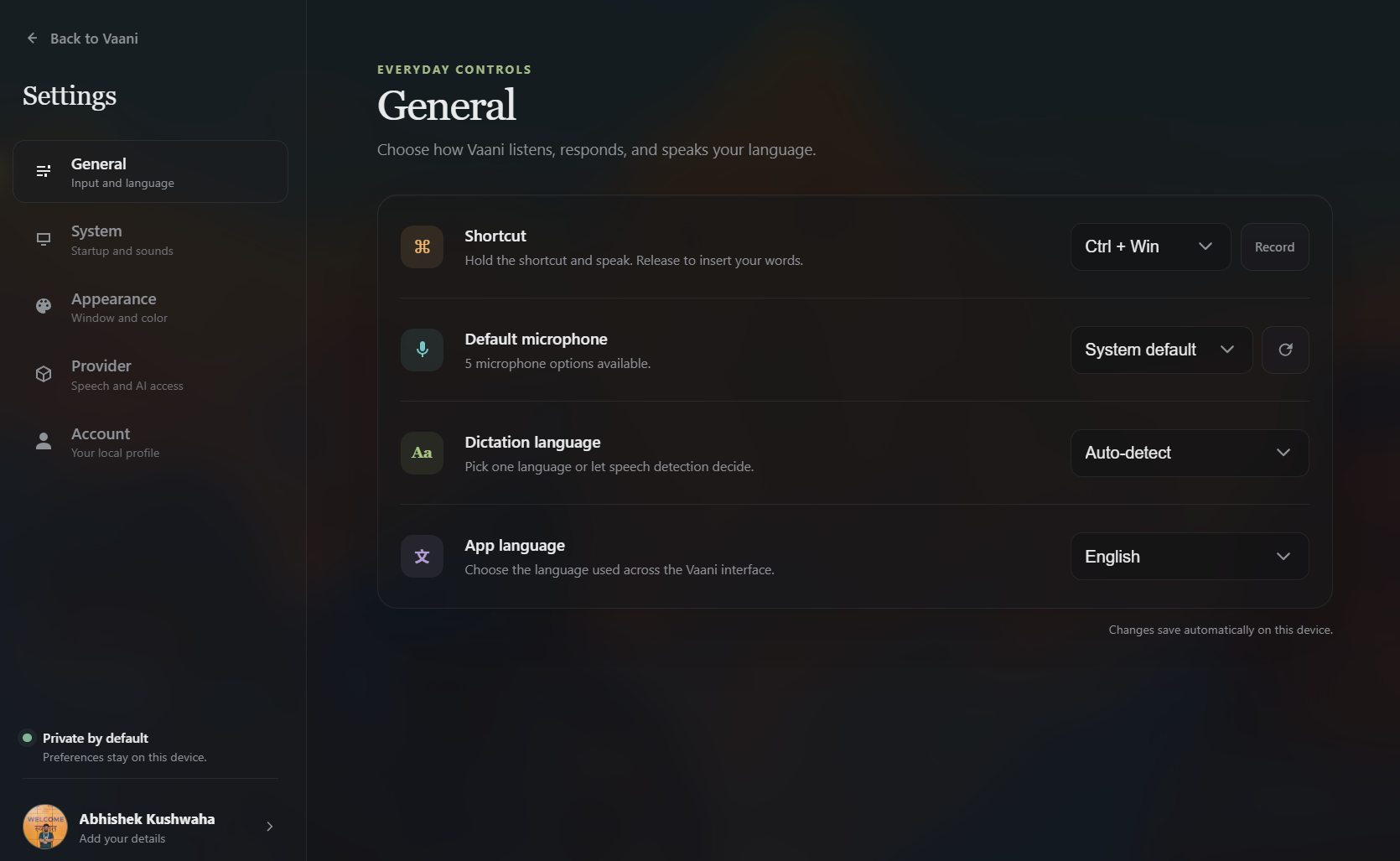 Vaani General settings for shortcut, microphone, dictation language, and app language