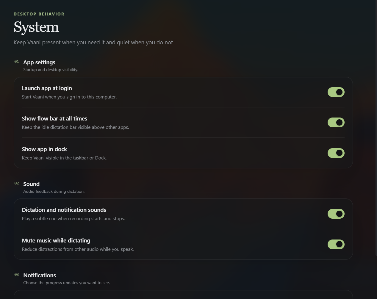 Vaani System settings for startup behavior, flow-bar visibility, sounds, and notifications