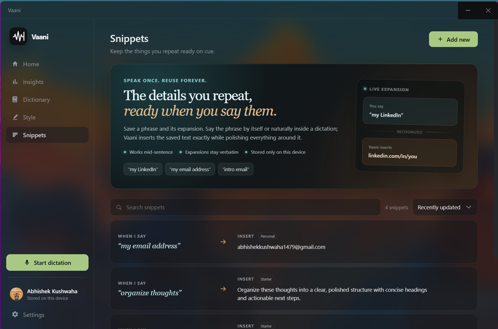 Vaani Snippets screen for expanding spoken phrases into reusable blocks of text