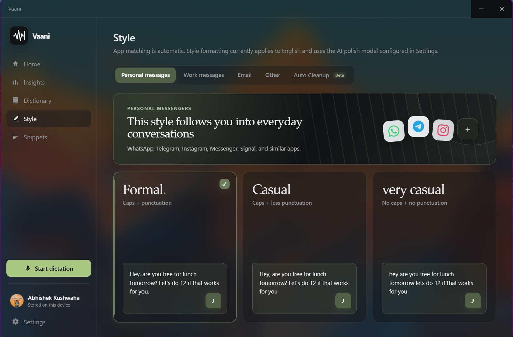 Vaani Style screen showing formal, casual, and very casual writing treatments